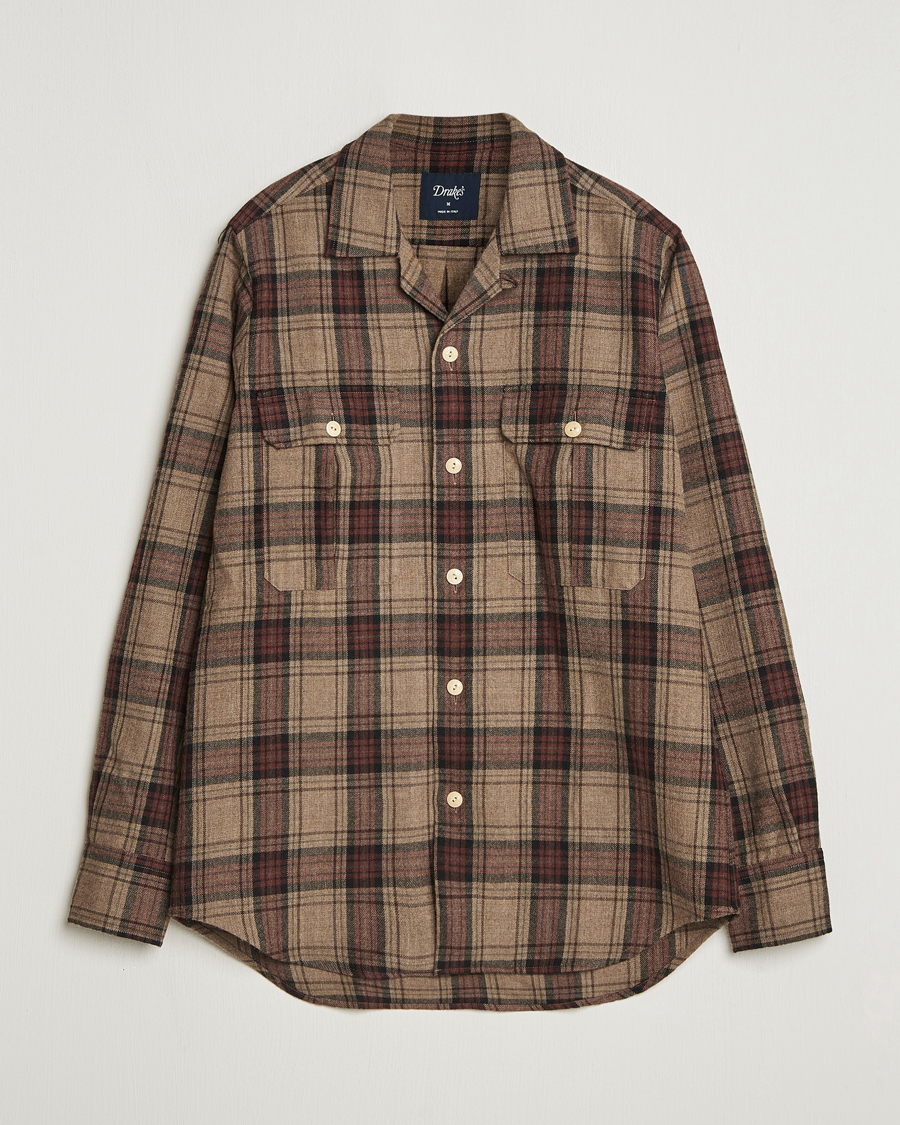 Men | Shirts | Drake's | Wool Camp Collar Work Shirt Brown
