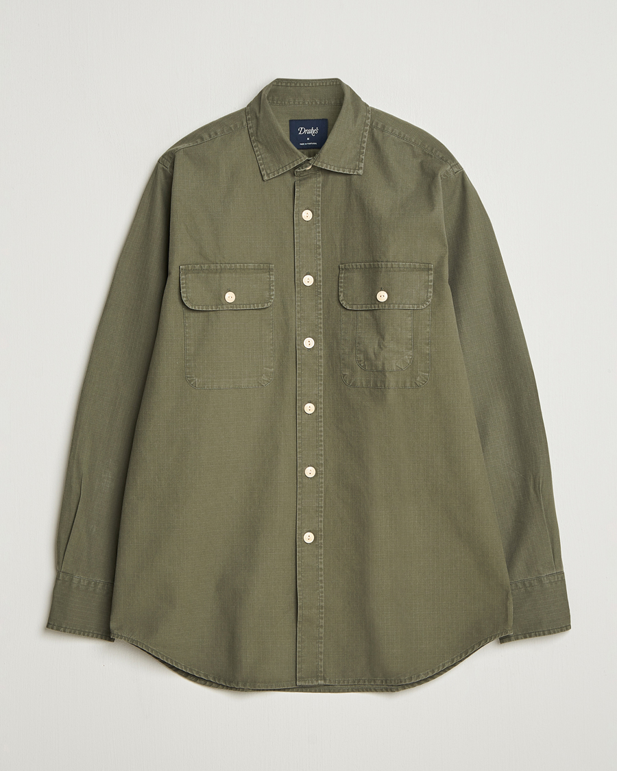 Men | Shirts | Drake's | Ripstop Work Shirt Green