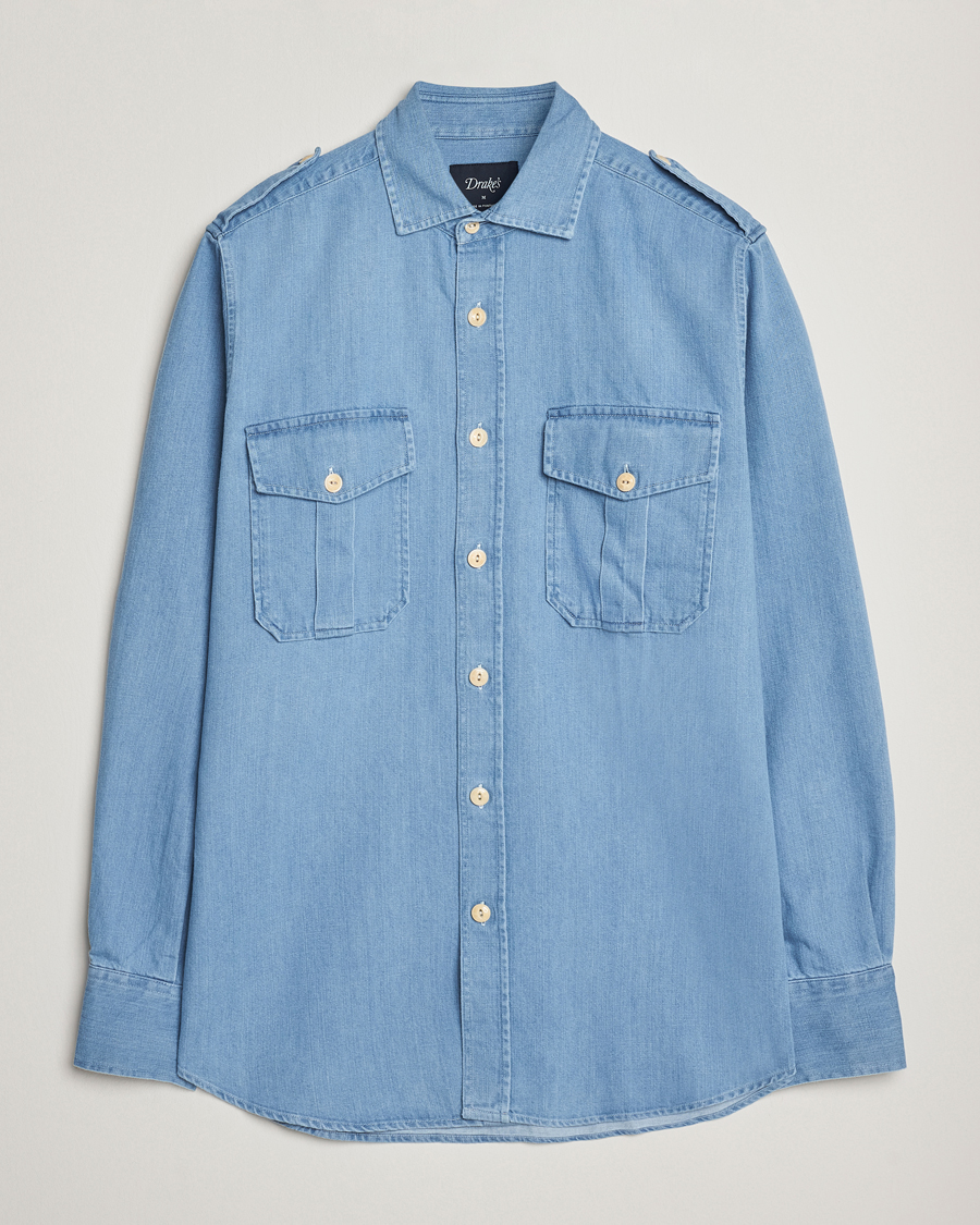 Men | Shirts | Drake's | Denim Epaulette Shirt Blue