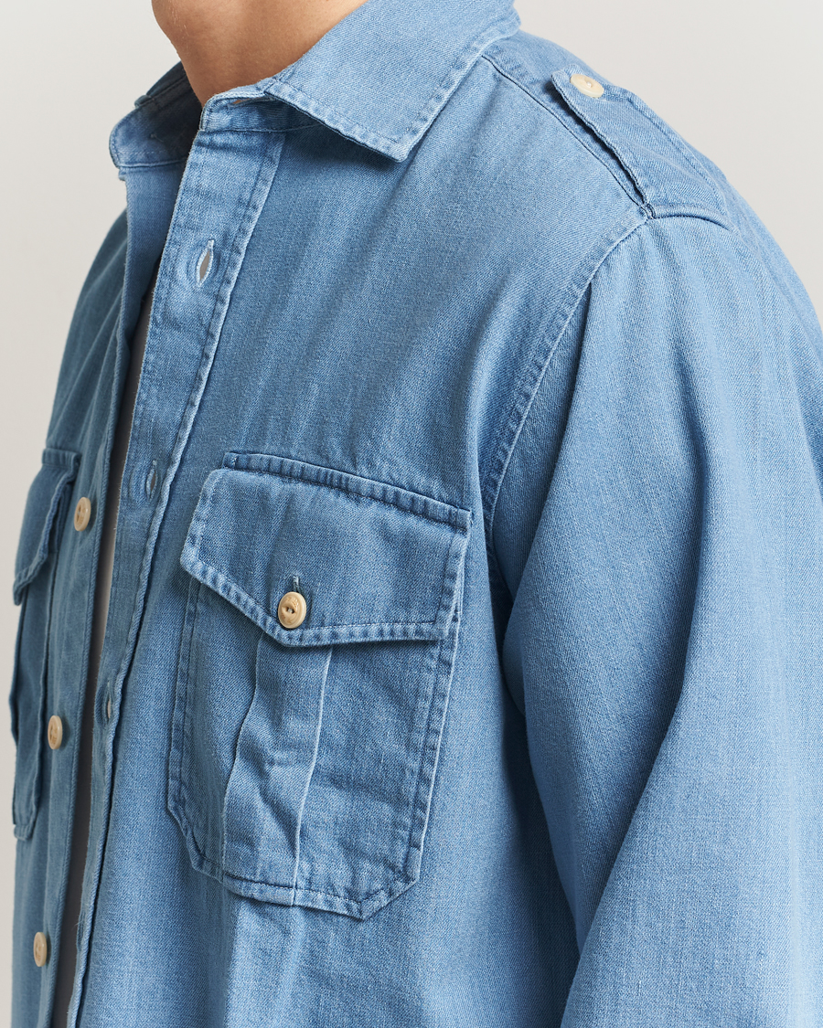 Men | Shirts | Drake's | Denim Epaulette Shirt Blue