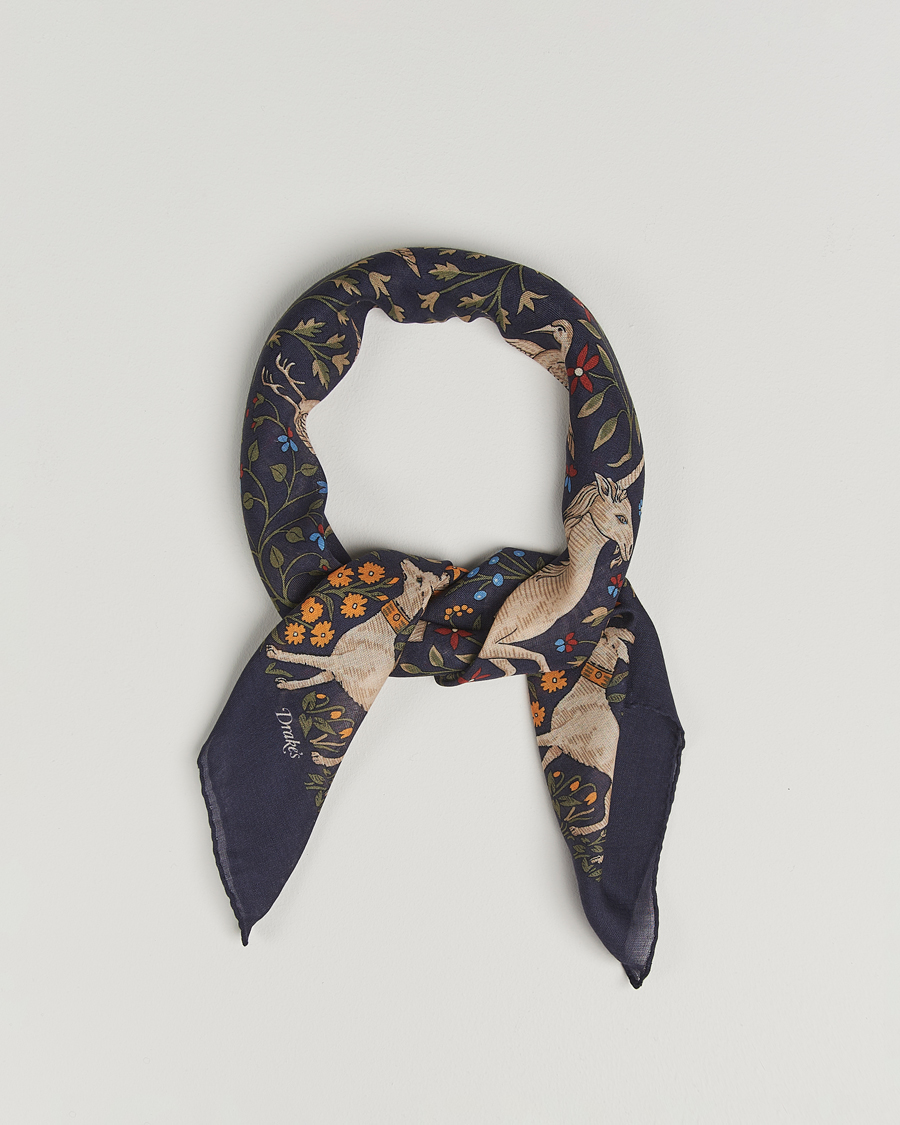 Men | Dress Scarves | Drake's | Unicorn Garden Wool/Silk Scarf Navy