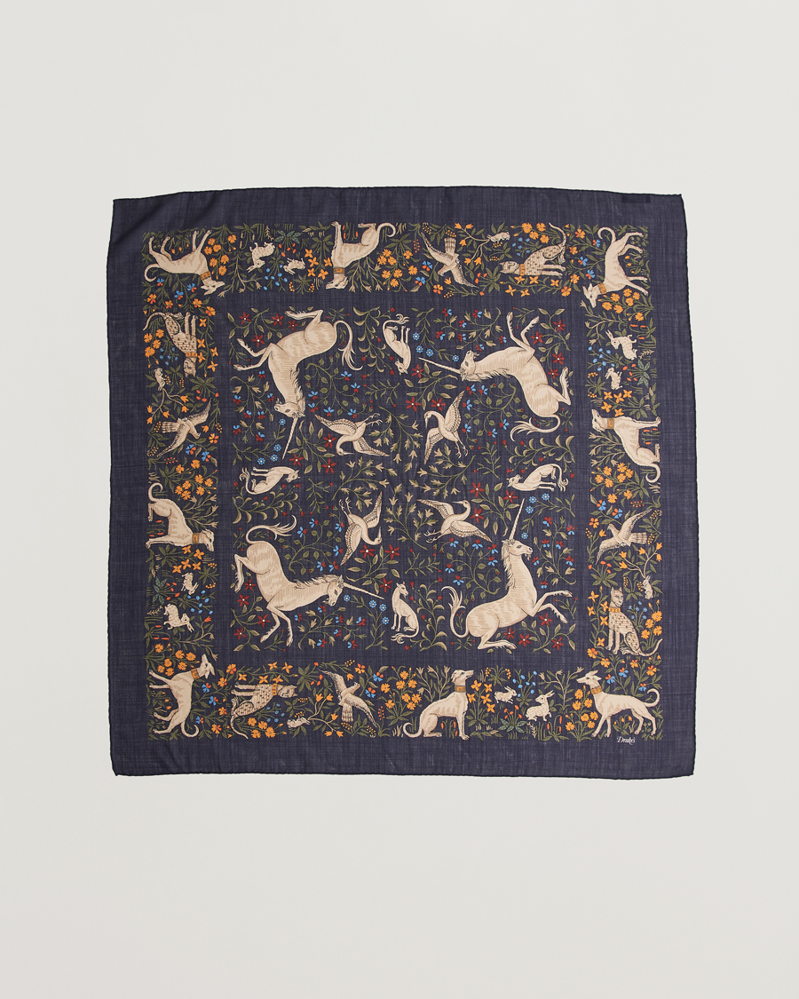 Men | Dress Scarves | Drake's | Unicorn Garden Wool/Silk Scarf Navy