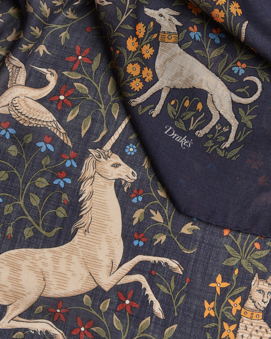 Men | Dress Scarves | Drake's | Unicorn Garden Wool/Silk Scarf Navy