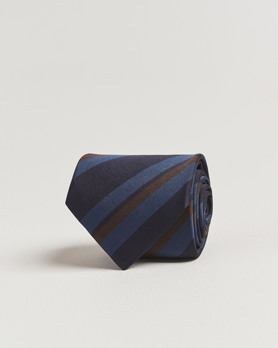 Men | Drake's Stripe Mogador Silk/Cotton Tie Navy/Brown | Drake's | Stripe Mogador Silk/Cotton Tie Navy/Brown