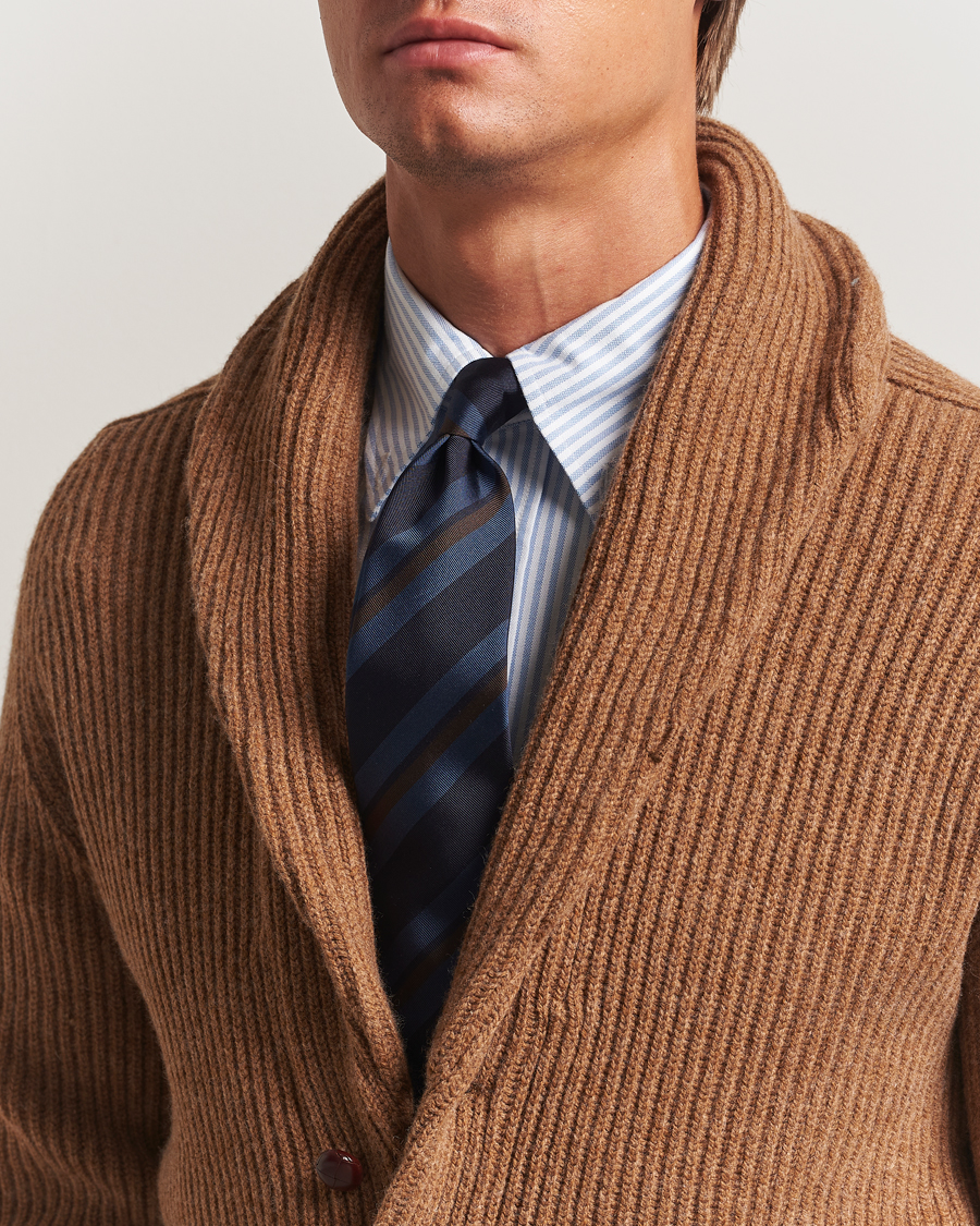 Men | Drake's Stripe Mogador Silk/Cotton Tie Navy/Brown | Drake's | Stripe Mogador Silk/Cotton Tie Navy/Brown