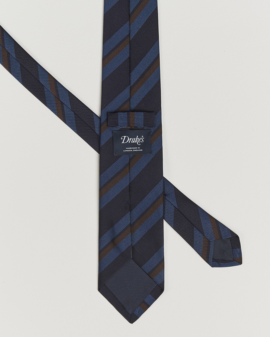 Men | Drake's Stripe Mogador Silk/Cotton Tie Navy/Brown | Drake's | Stripe Mogador Silk/Cotton Tie Navy/Brown
