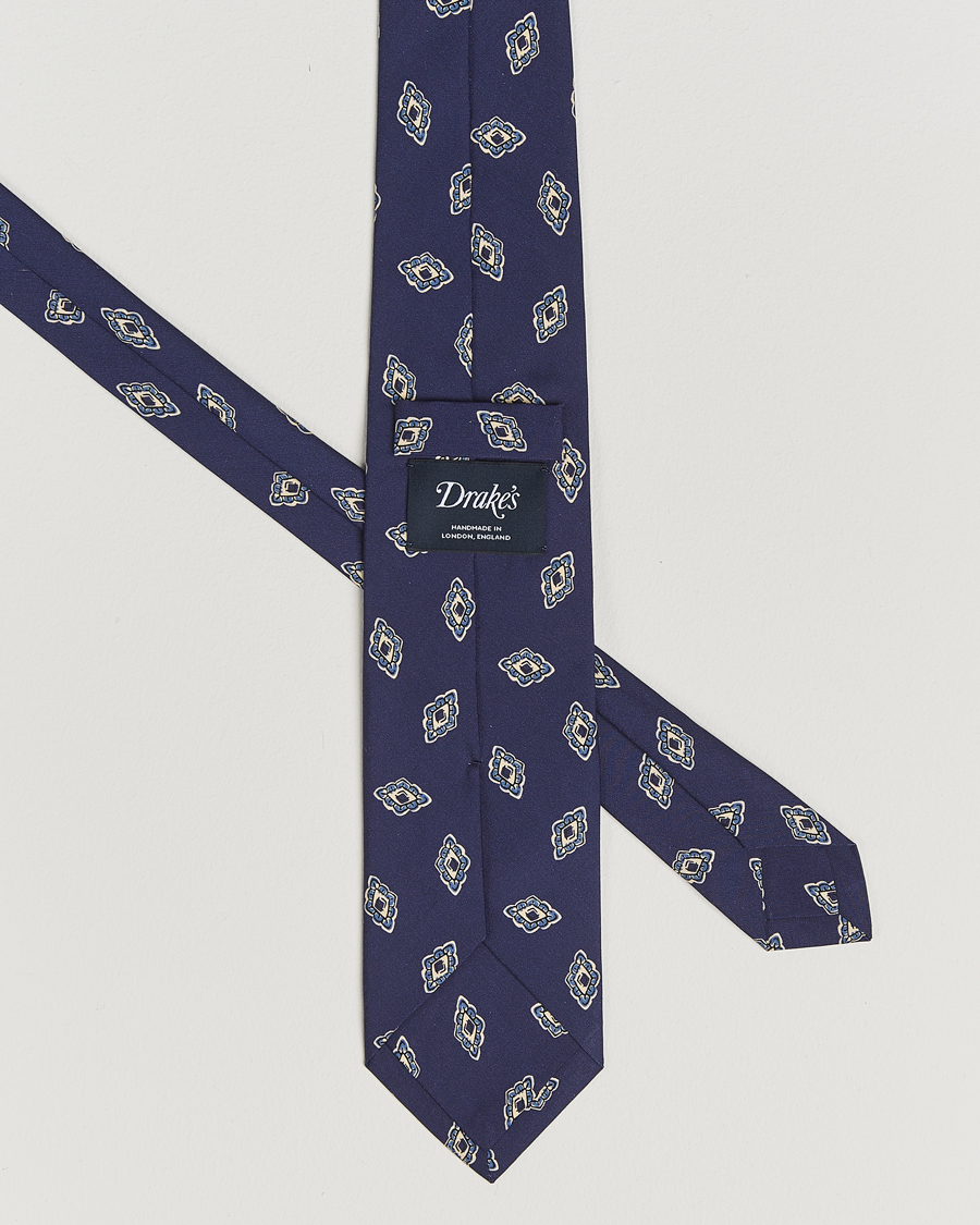 Men | Ties | Drake's | Diamond Petals Habotai Silk Tie Navy