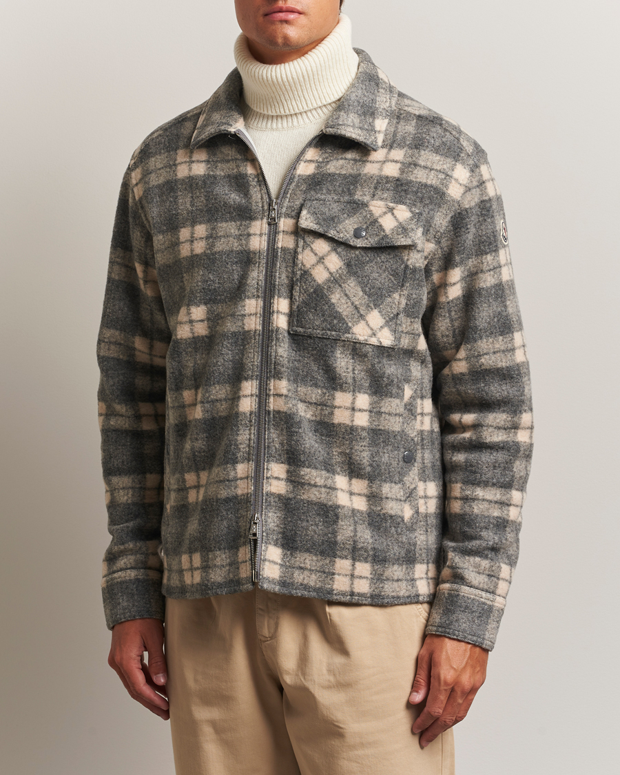 Moncler Wool Zip Overshirt Grey Check at CareOfCarl.com