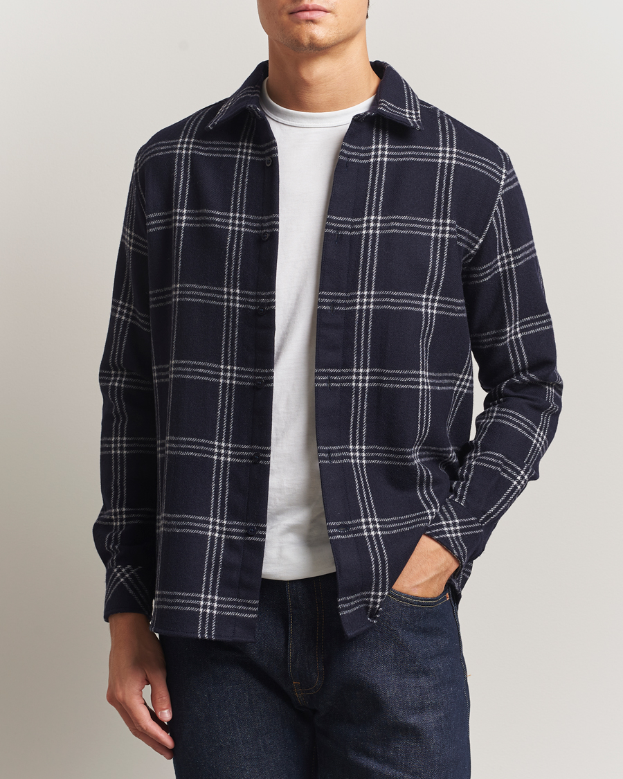 Men | Shirts | KnowledgeCotton Apparel | Merino Wool Check Overshirt Blue