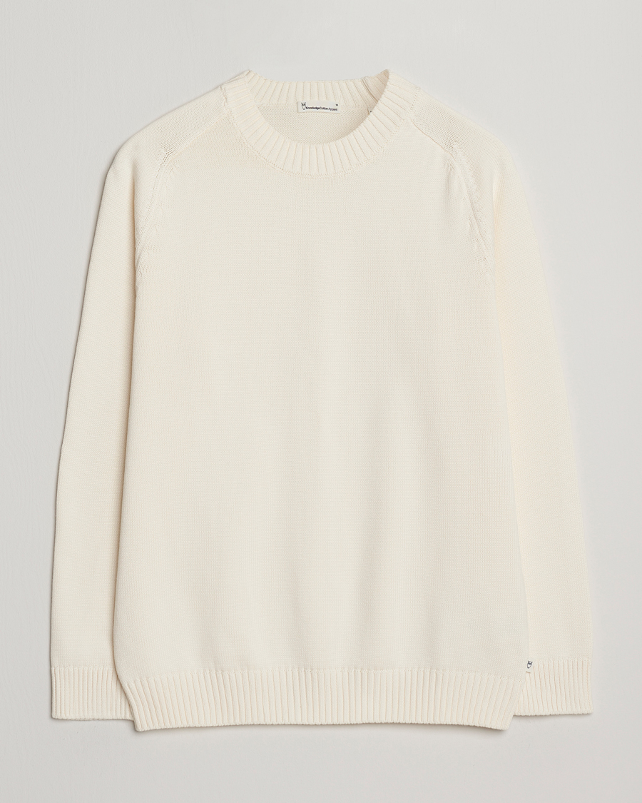 Men | Sweaters & Knitwear | KnowledgeCotton Apparel | Plain Knitted Cotton Crewneck Egret