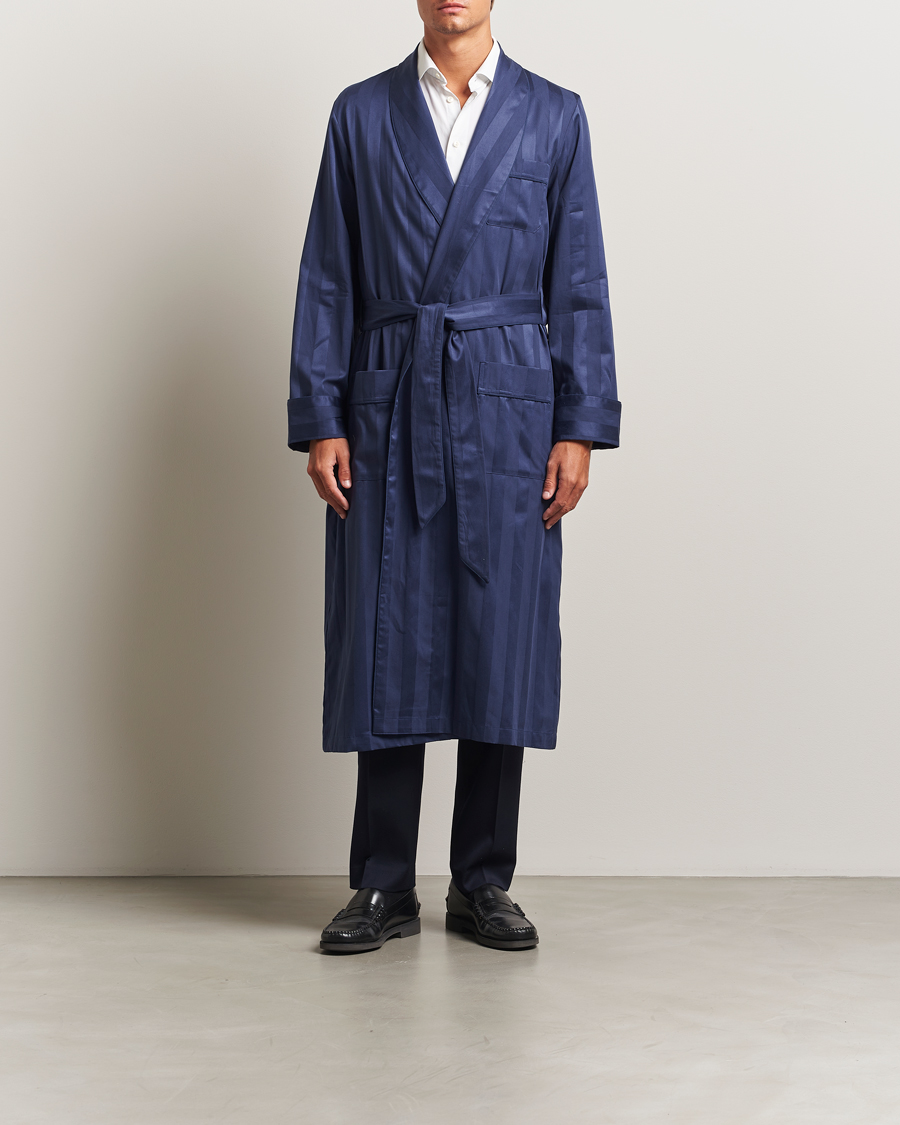 Men | Pyjamas & Robes | Derek Rose | Striped Cotton Dressing Gown Navy