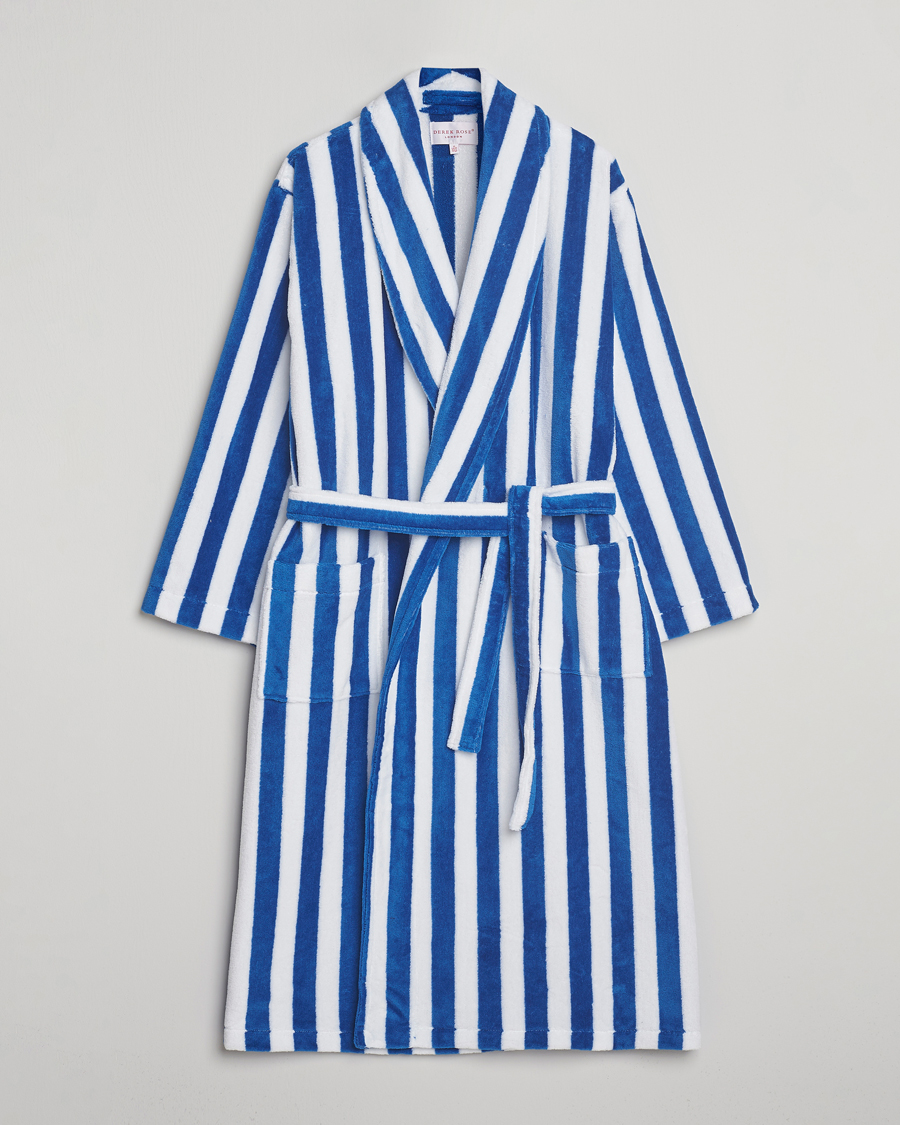 Men | Pyjamas & Robes | Derek Rose | Striped Cotton Velour Gown Blue/White