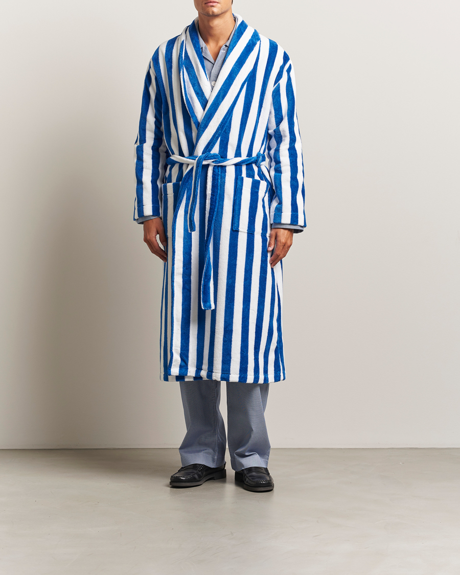 Men | Pyjamas & Robes | Derek Rose | Striped Cotton Velour Gown Blue/White