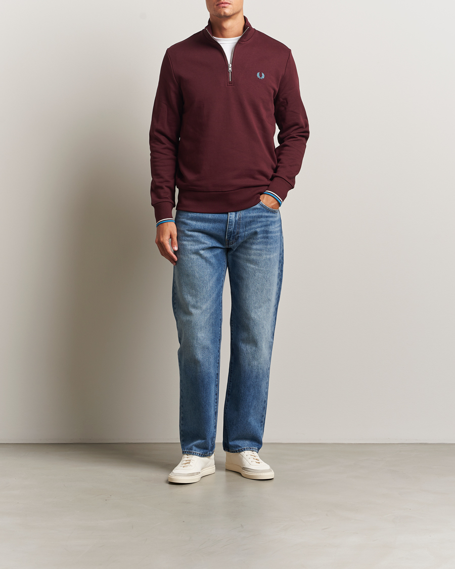 Men | Sweaters & Knitwear | Fred Perry | Half Zip Sweatshirt Oxblood
