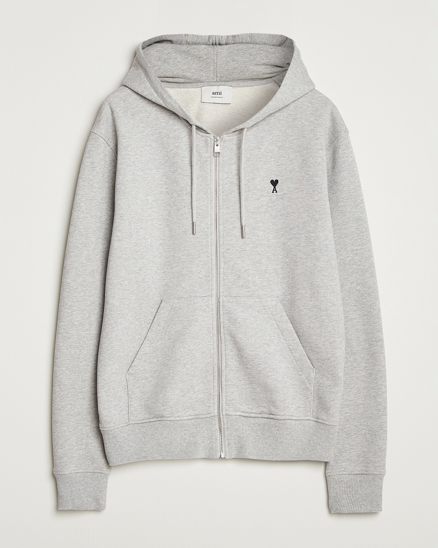Men | Sweaters & Knitwear | AMI | Black Heart Logo Full Zip Hoodie Grey Heather