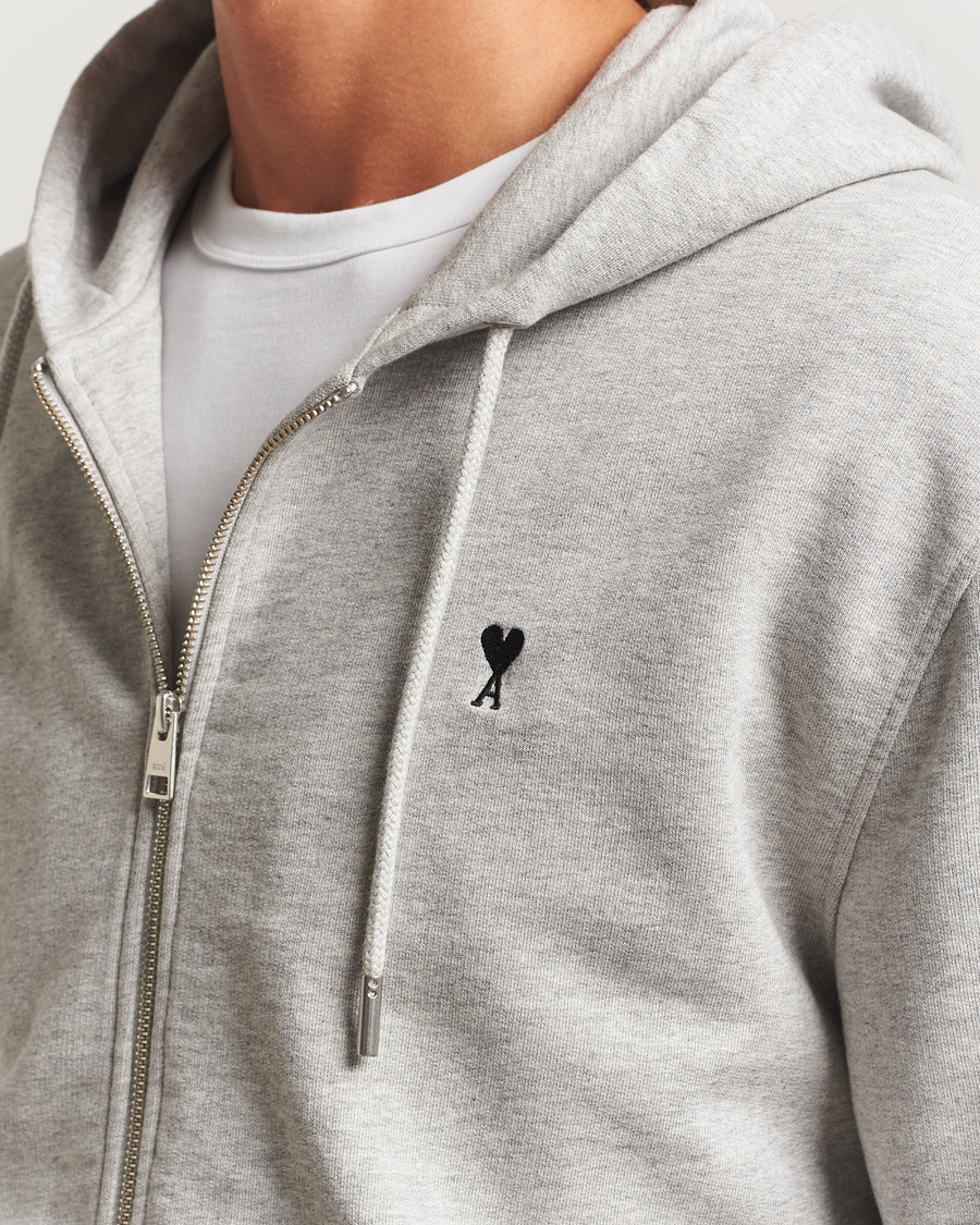 Men | Sweaters & Knitwear | AMI | Black Heart Logo Full Zip Hoodie Grey Heather