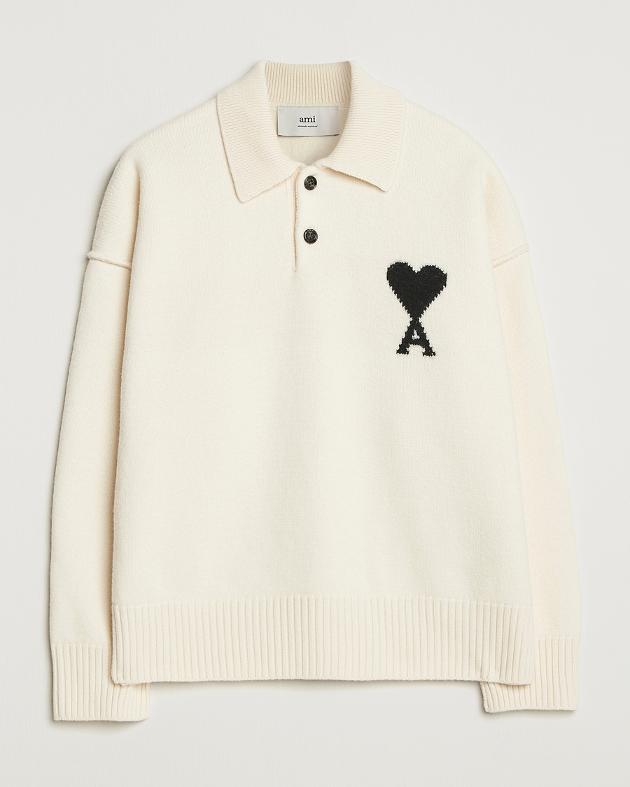 Men | Sweaters & Knitwear | AMI | Big Heart Logo Wool Knitted Polo Ecru