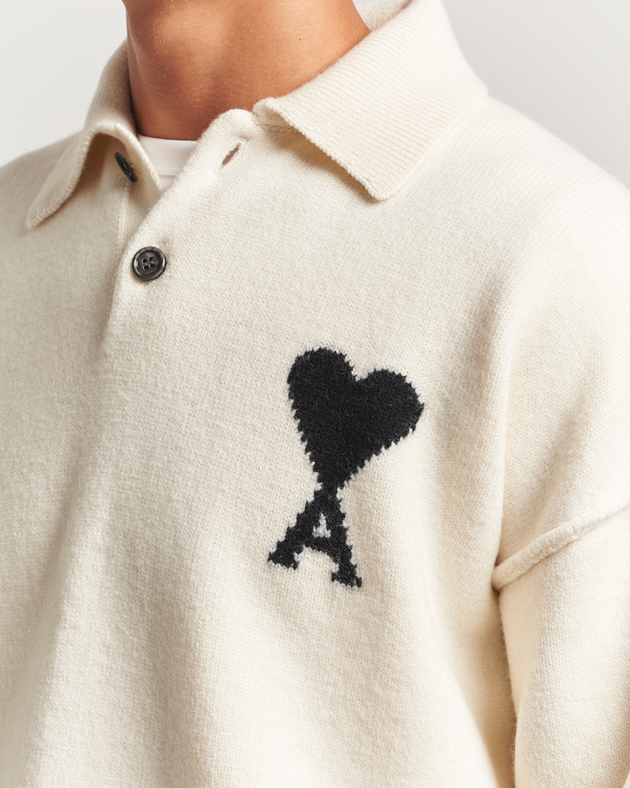 Men | Sweaters & Knitwear | AMI | Big Heart Logo Wool Knitted Polo Ecru