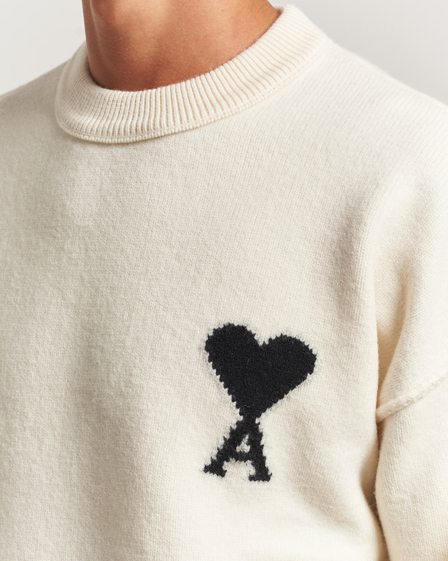 AMI Big Heart Logo Wool Knitted Sweater Ecru at CareOfCarl.com