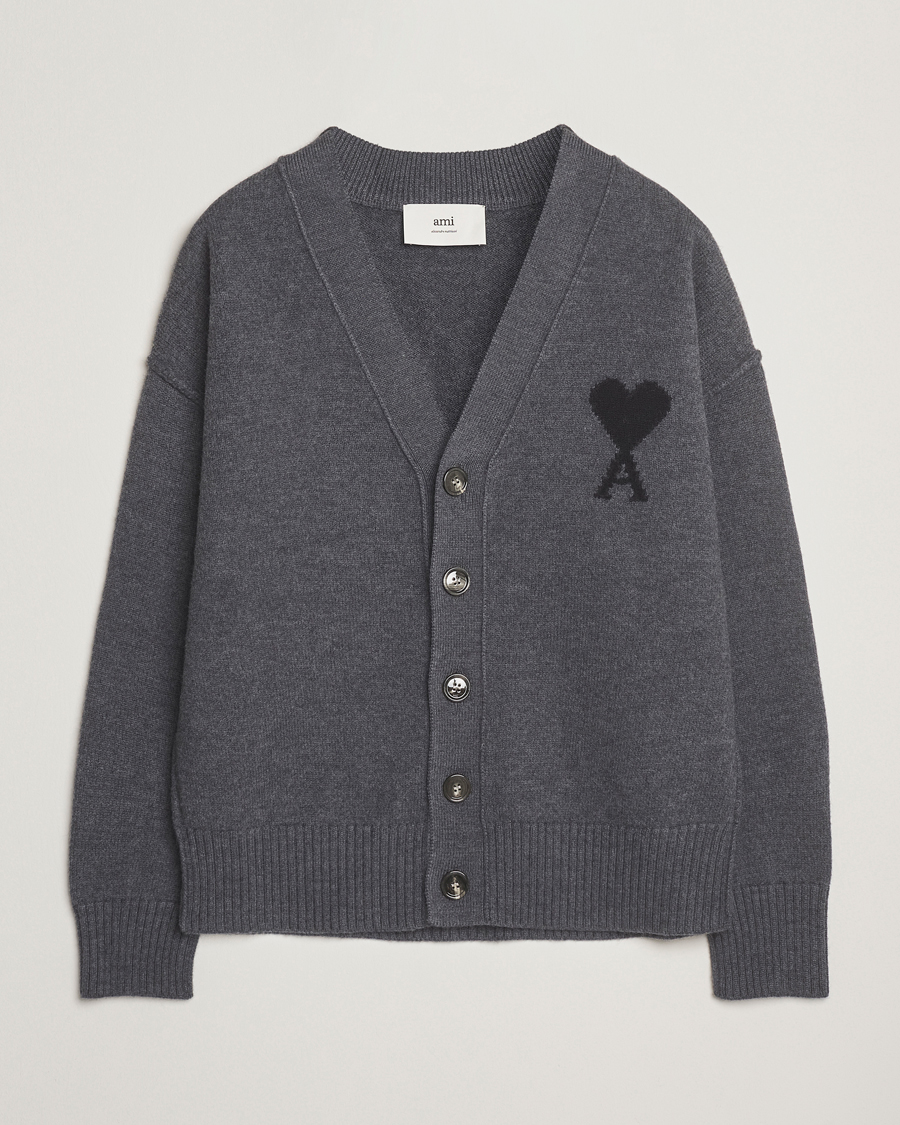 AMI Big Heart Logo Wool Knitted Cardigan Dark Grey at CareOfCarl.com