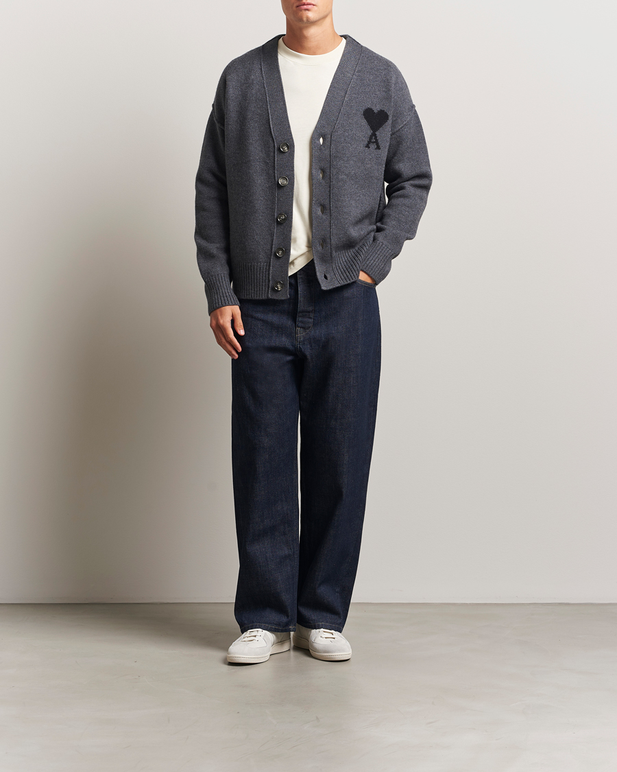 AMI Big Heart Logo Wool Knitted Cardigan Dark Grey at CareOfCarl.com