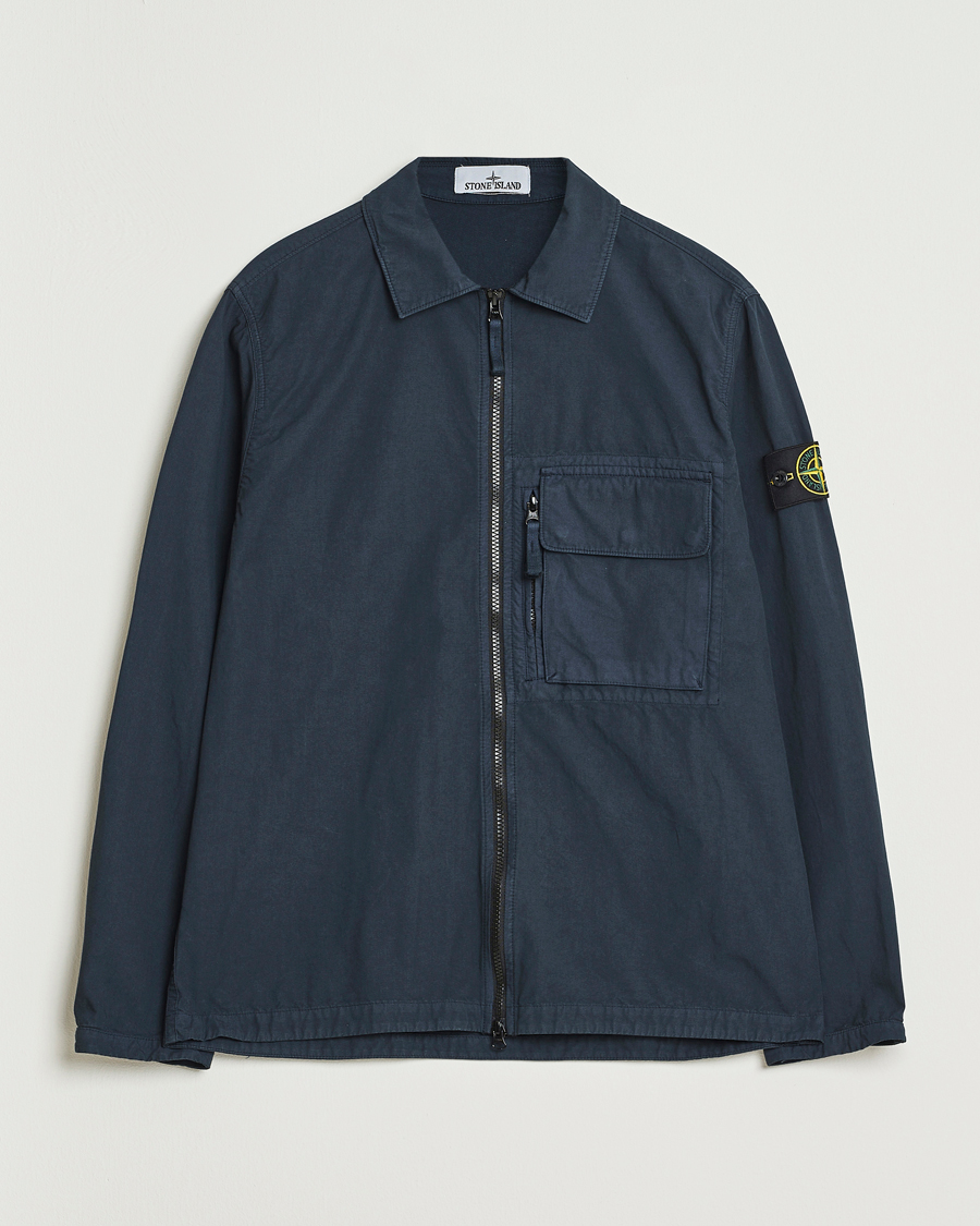 Men | Shirts | Stone Island | Garment Dyed Organic Cotton Zip Overshirt Navy