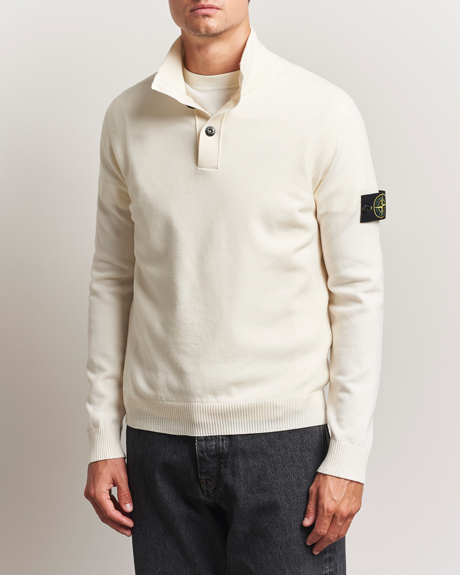 Stone Island Stretch Wool Knitted Half Button Jumper Ivory at