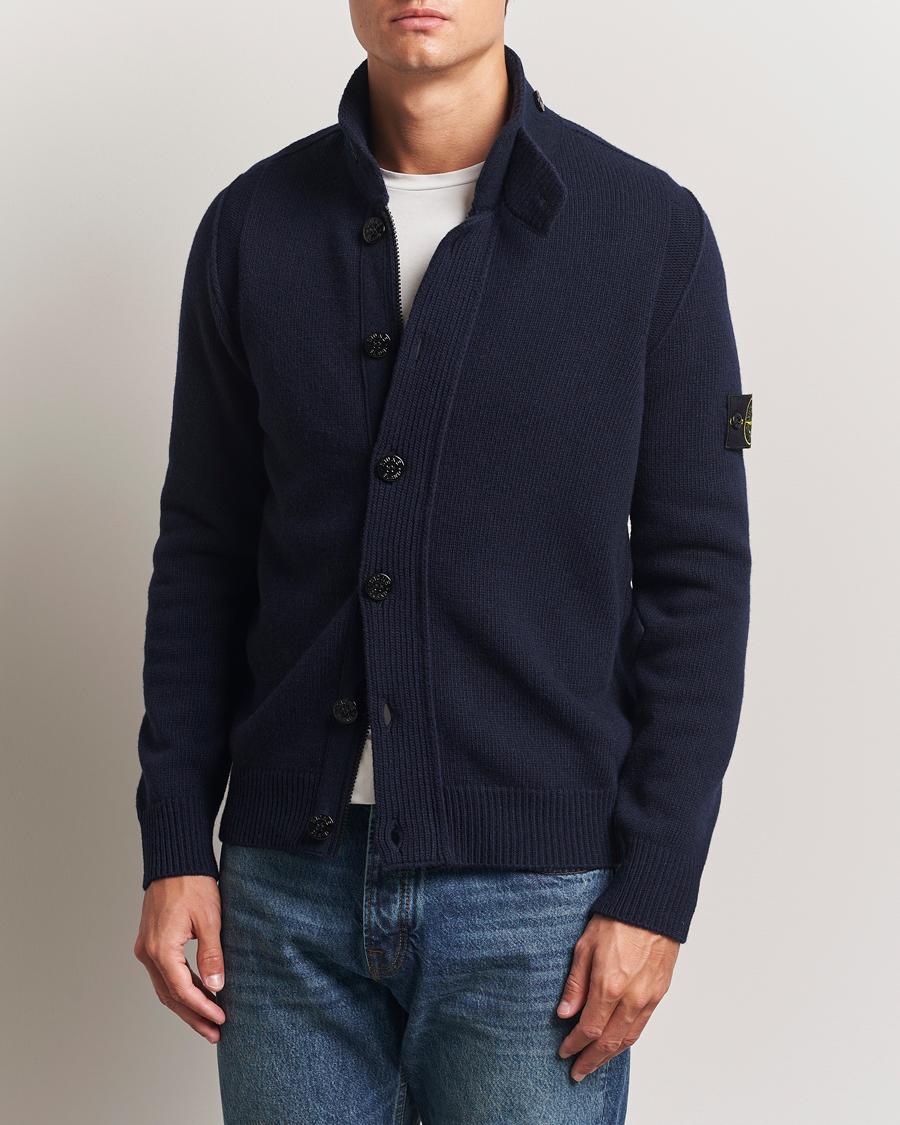 STONE  ネイビー フルジップセーター Stone Island Knitted Lambswool Zip Cardigan Navy at CareOfCarl.com