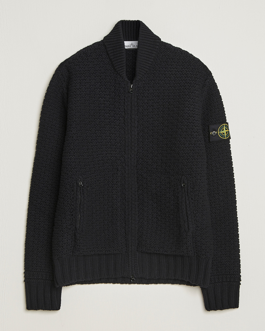 Stone Island Mixed Stiches Wool Knitted Zip Cardigan Black at