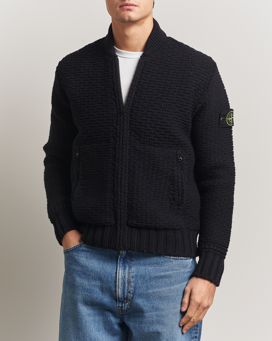 Stone Island Mixed Stiches Wool Knitted Zip Cardigan Black at