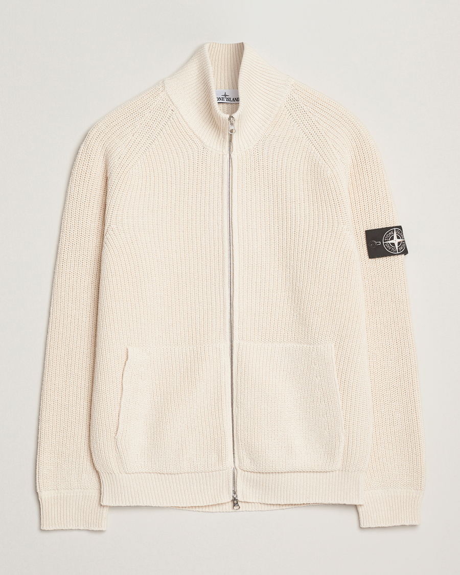 STONE  ホワイト フルジップ ニット M Stone Island RAW Cotton Popcorn Stitch Full Zip Ivory at