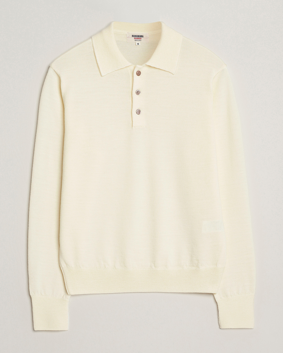 Men | Sweaters & Knitwear | Kamakura Shirts | Long Sleeve Knitted Polo Off White
