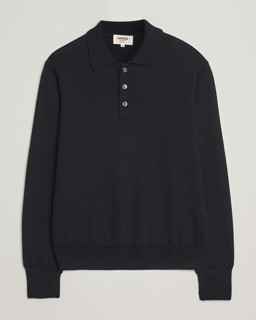 Men | Sweaters & Knitwear | Kamakura Shirts | Long Sleeve Knitted Polo Black