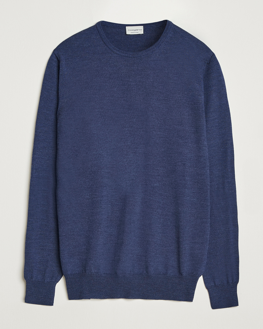 Men | Sweaters & Knitwear | Morgano | Extra Fine Merino Wool Crewneck Mid Blue
