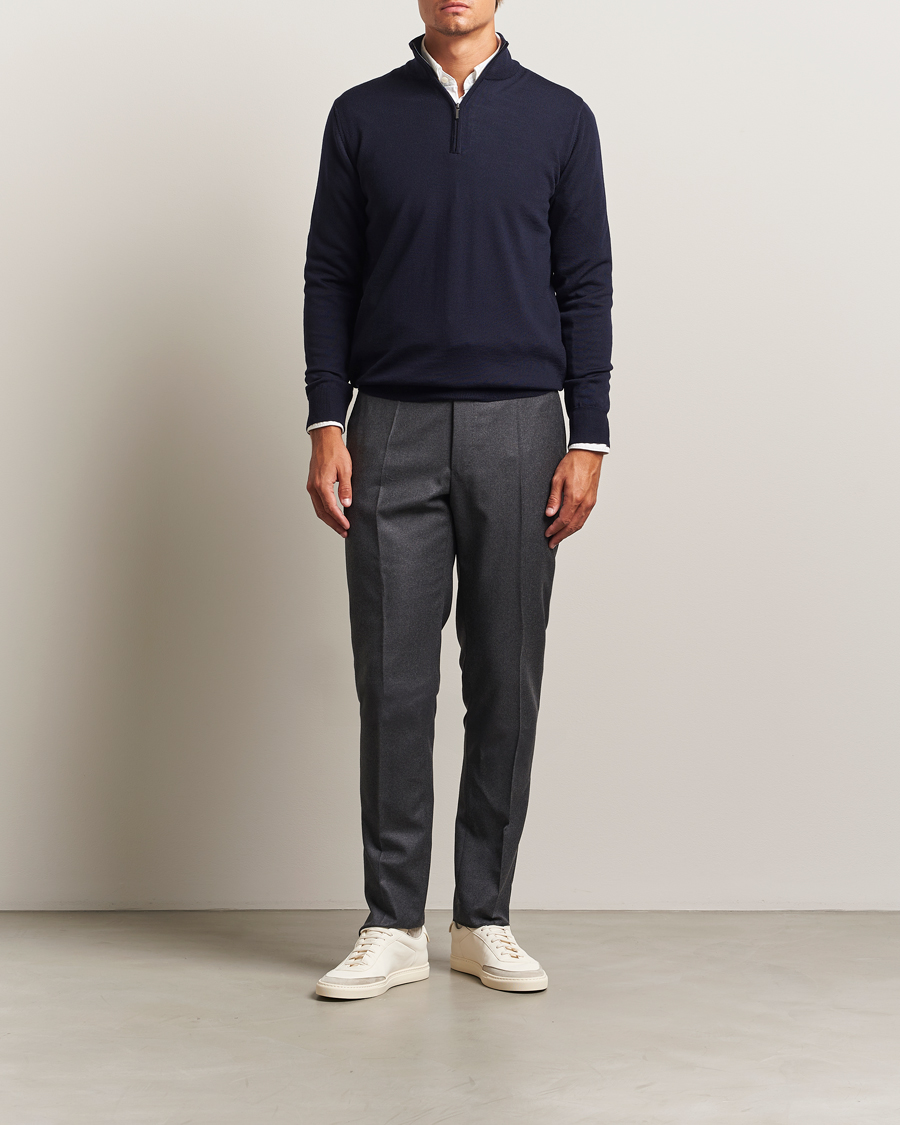 Men | Sweaters & Knitwear | Morgano | Extra Fine Merino Wool Half-Zip Navy