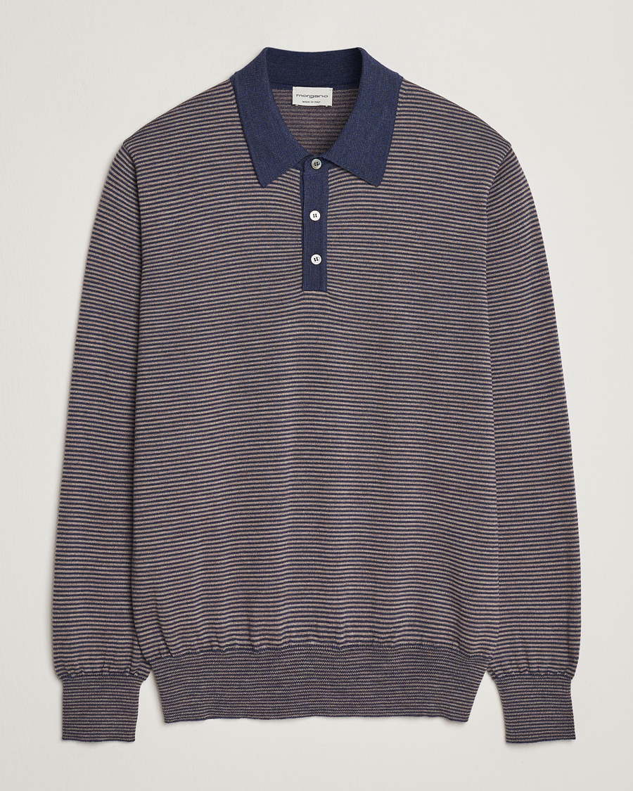 Men | Sweaters & Knitwear | Morgano | Striped Merino Polo Blue