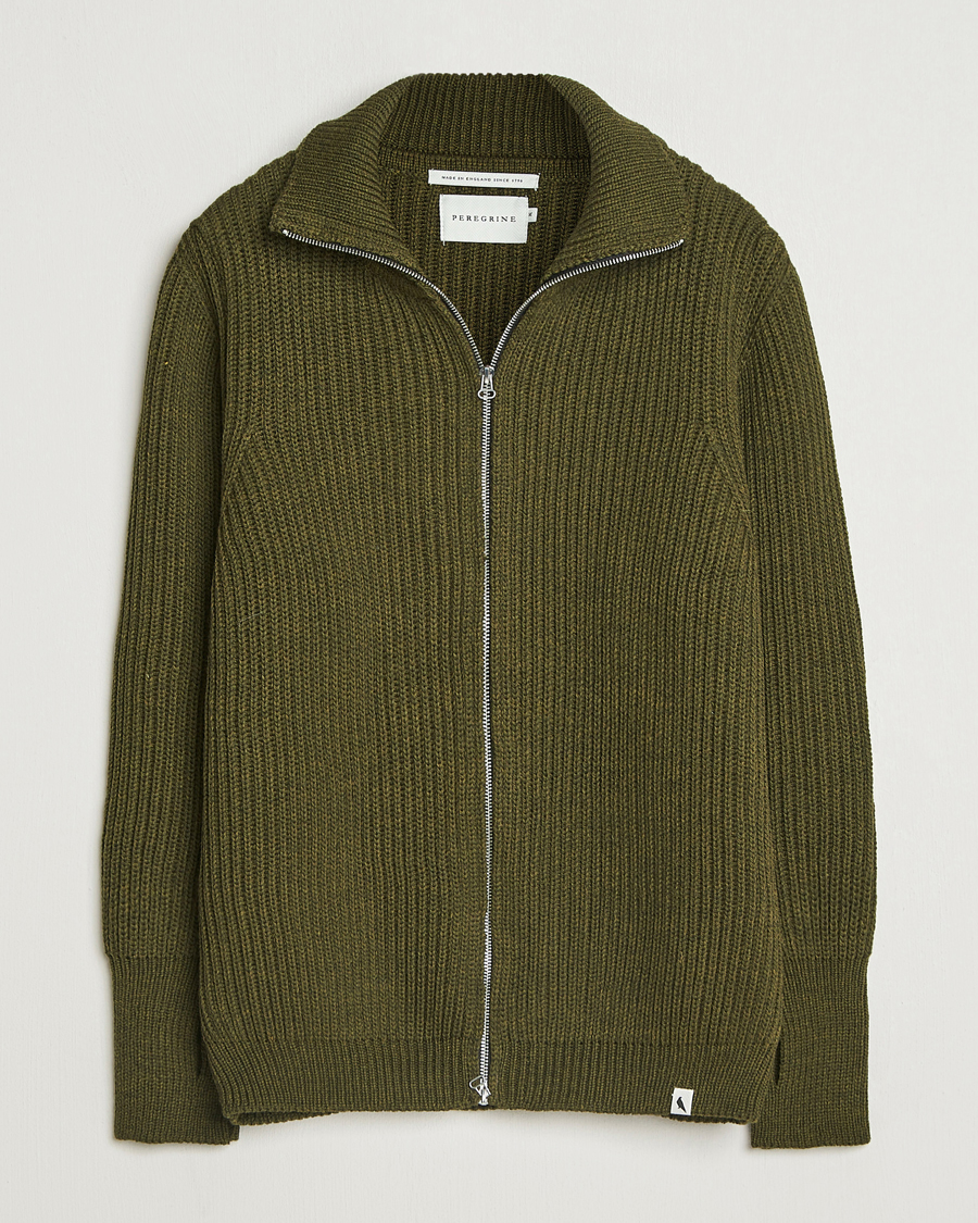 Men | Sweaters & Knitwear | Peregrine | Fisherman Merino Zip Cardigan Olive