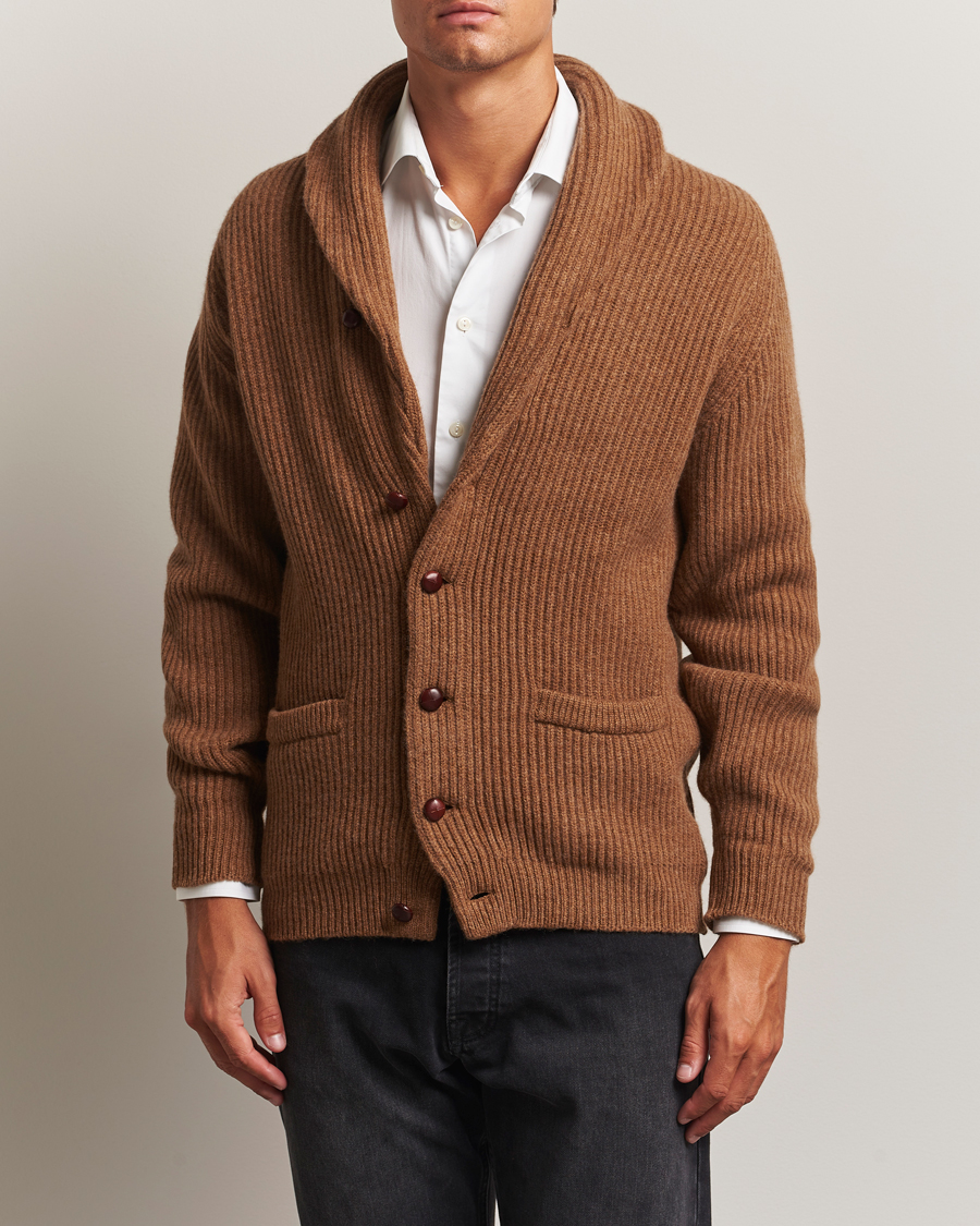 William Lockie Windsor Geelong Lambswool Shawl Cardigan Brown at