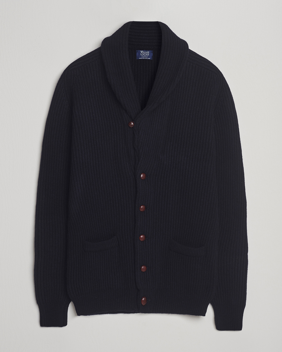 William Lockie Windsor Geelong Lambswool Shawl Cardigan Navy at