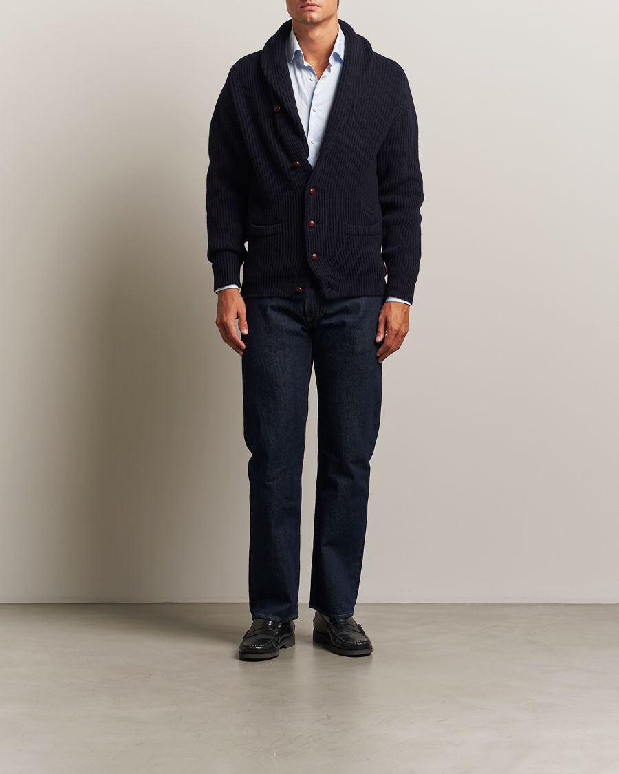Men | Sweaters & Knitwear | William Lockie | Windsor Geelong Lambswool Shawl Cardigan Navy