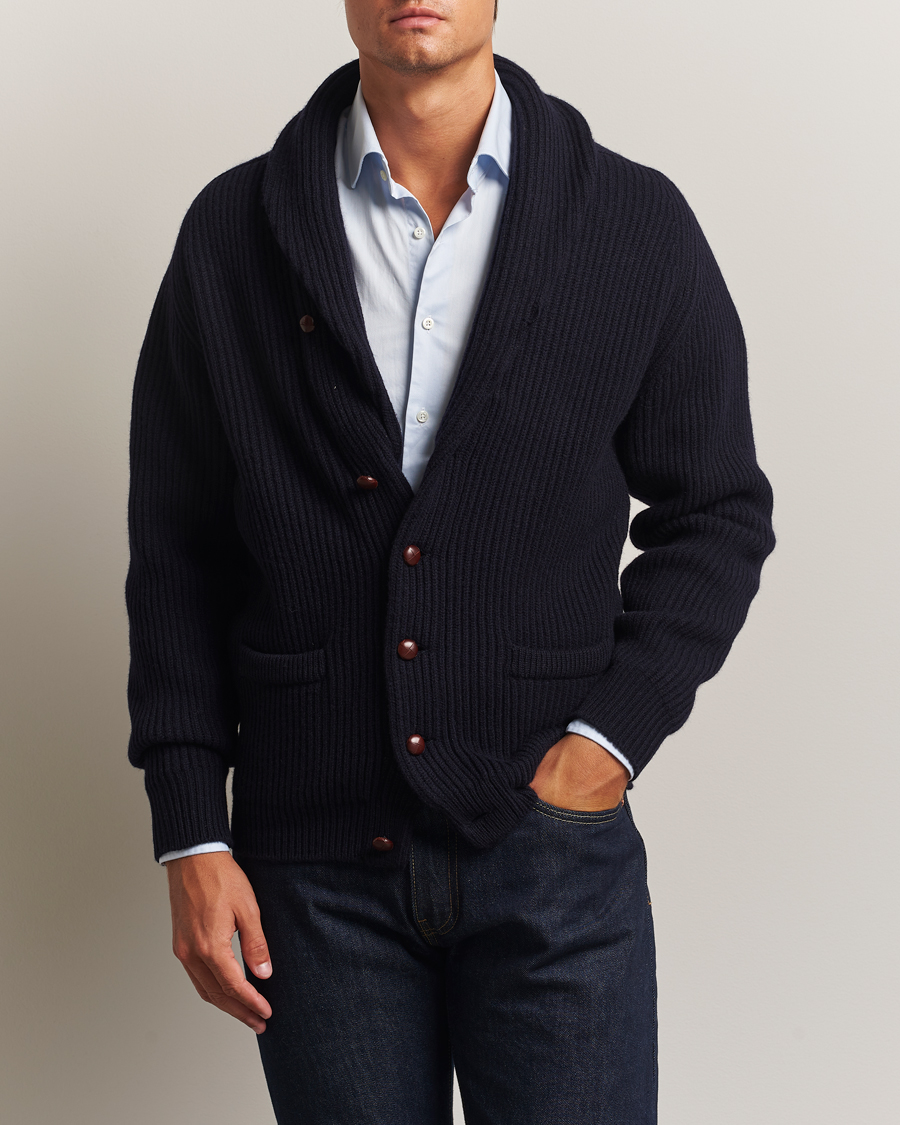 William Lockie Windsor Geelong Lambswool Shawl Cardigan Navy at