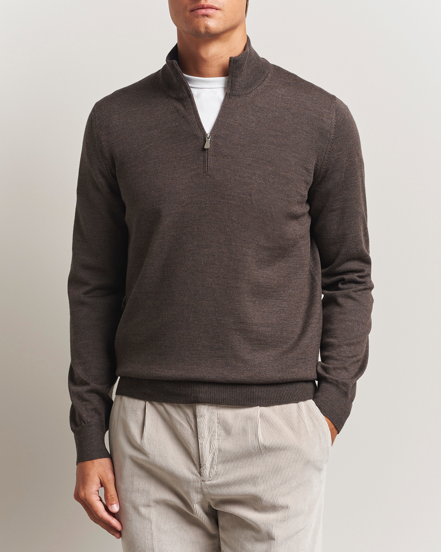 Men | Sweaters & Knitwear | Gran Sasso | Merino Fashion Fit Half Zip Brown Melange