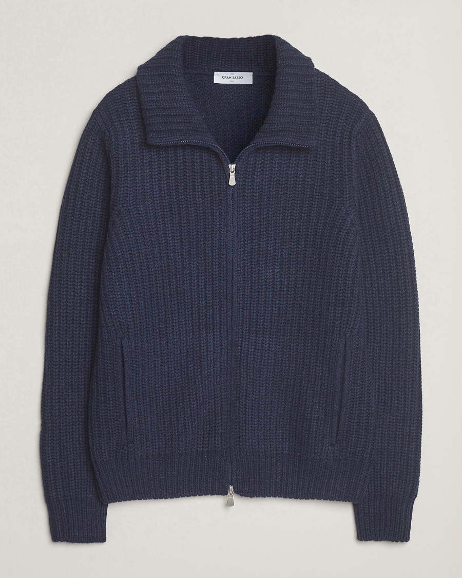 Men | Sweaters & Knitwear | Gran Sasso | Heavy Knitted Wool Full Zip Navy Melange