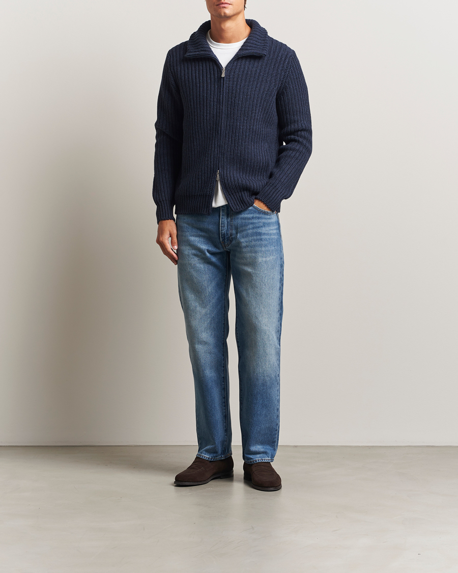 Men | Sweaters & Knitwear | Gran Sasso | Heavy Knitted Wool Full Zip Navy Melange