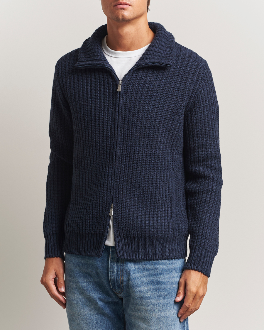 Gran Sasso Heavy Knitted Wool Full Zip Navy Melange at CareOfCarl.com