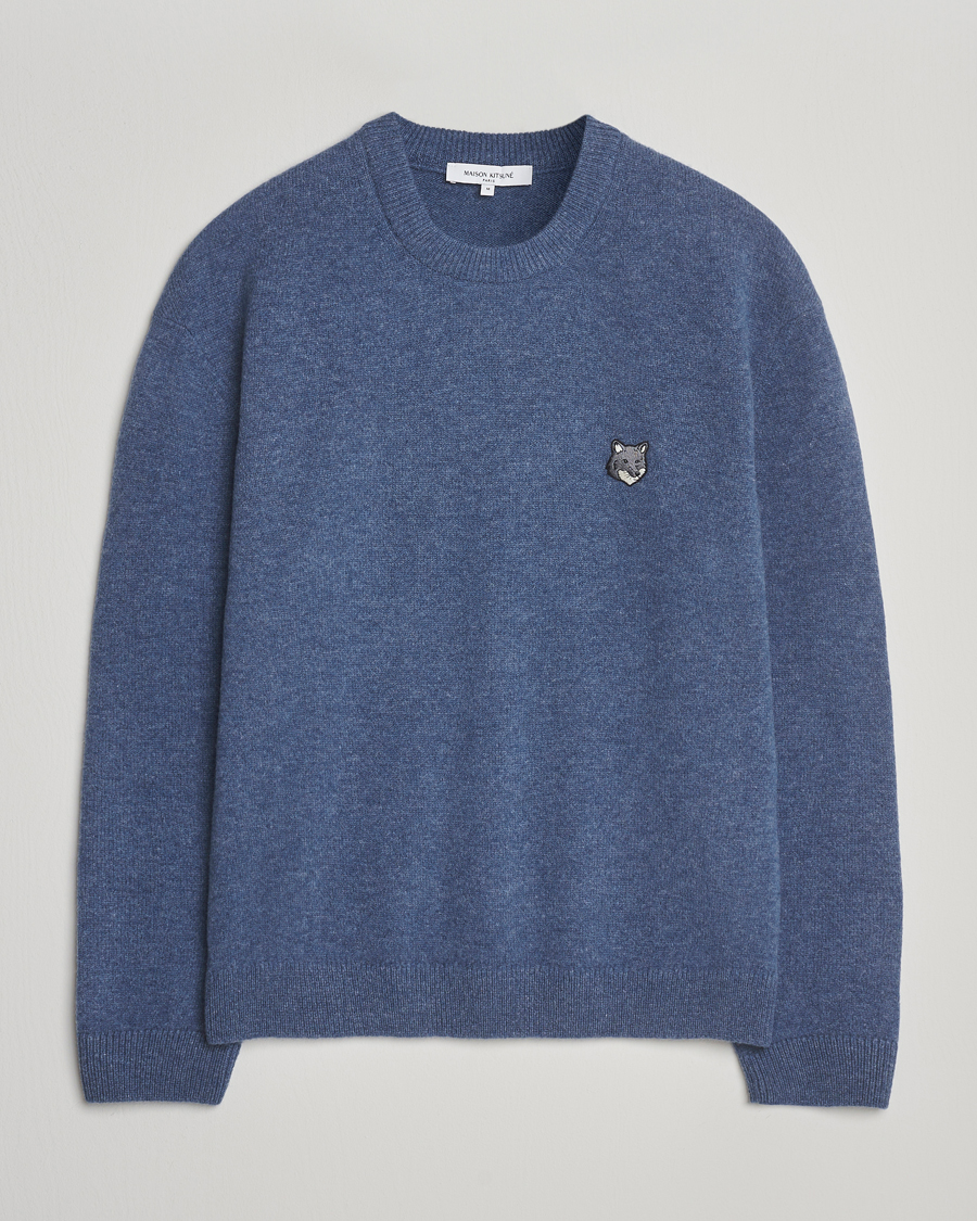 Men | Sweaters & Knitwear | Maison Kitsuné | Grey Fox Head Lambswool Sweater Powder Blue