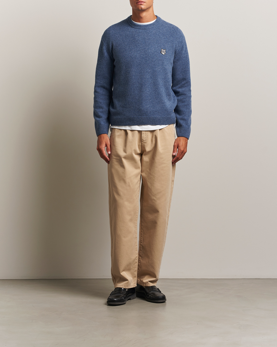 Men | Sweaters & Knitwear | Maison Kitsuné | Grey Fox Head Lambswool Sweater Powder Blue