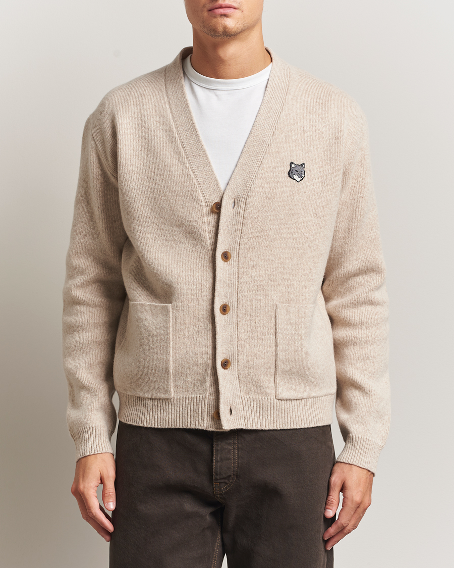 Maison Kitsuné Grey Fox Head Milano Lambswool Cardigan Tan Beige
