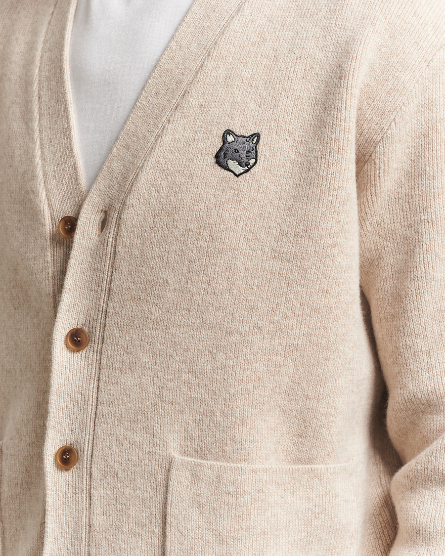 Men | Sweaters & Knitwear | Maison Kitsuné | Grey Fox Head Milano Lambswool Cardigan Tan Beige