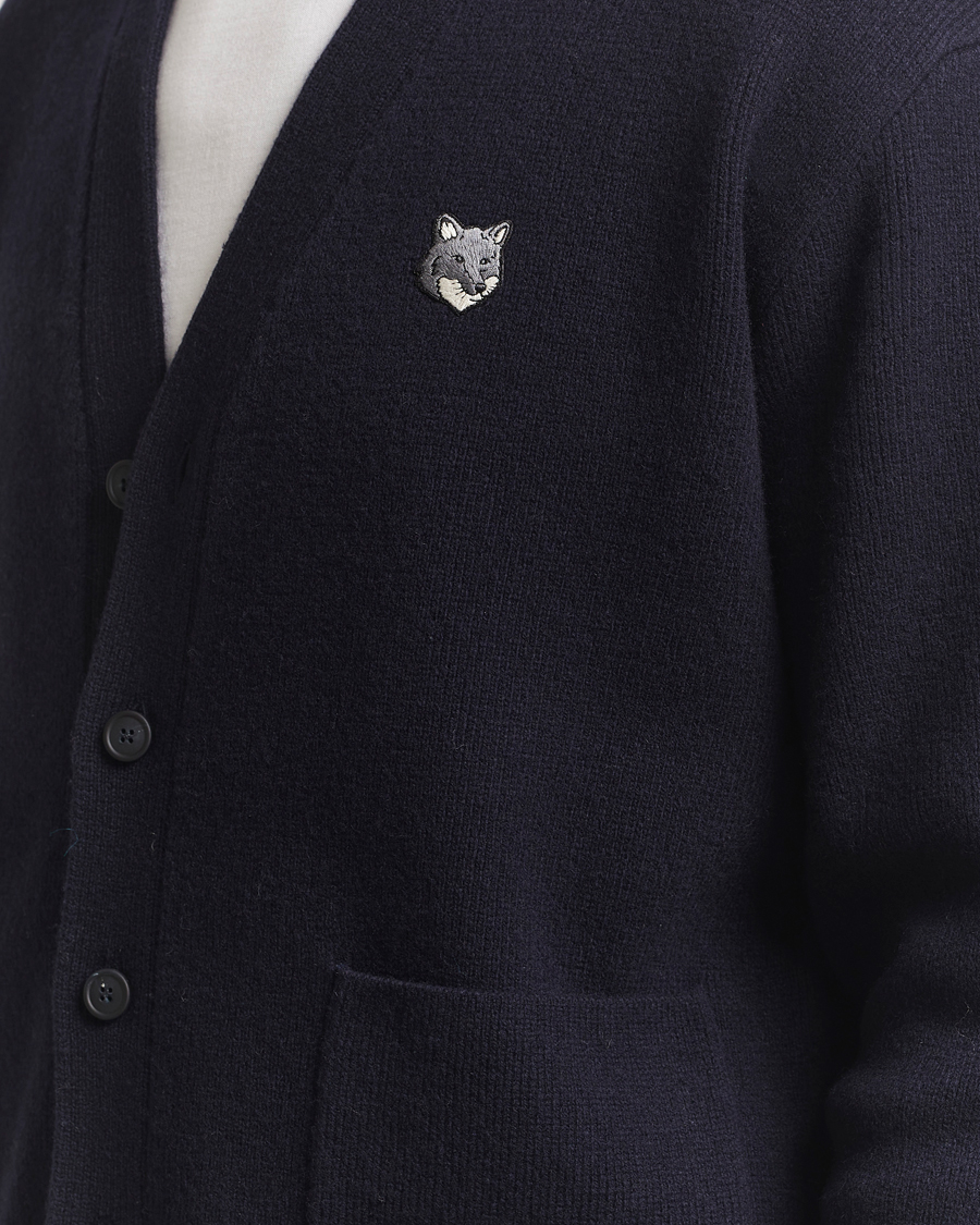 Men | Sweaters & Knitwear | Maison Kitsuné | Grey Fox Head Milano Lambswool Cardigan Classic Navy